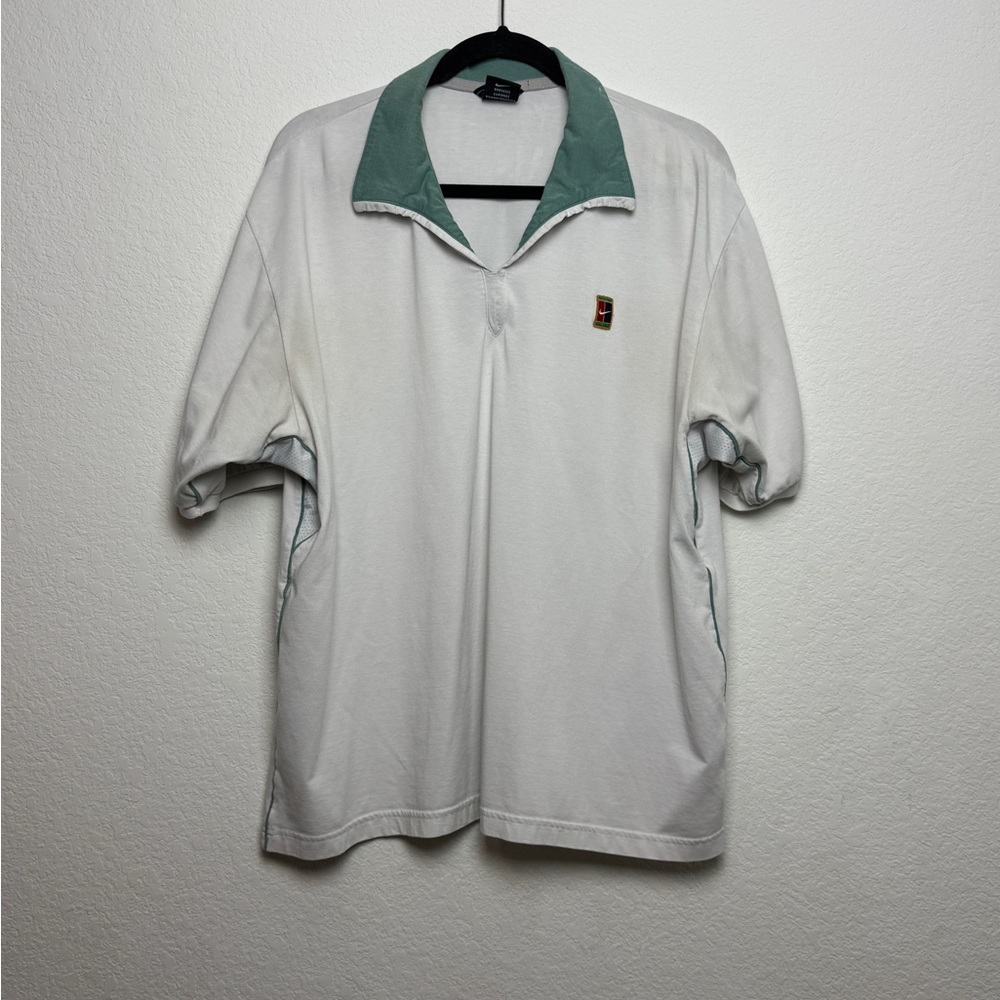 Men's White and Green Polo Shirt